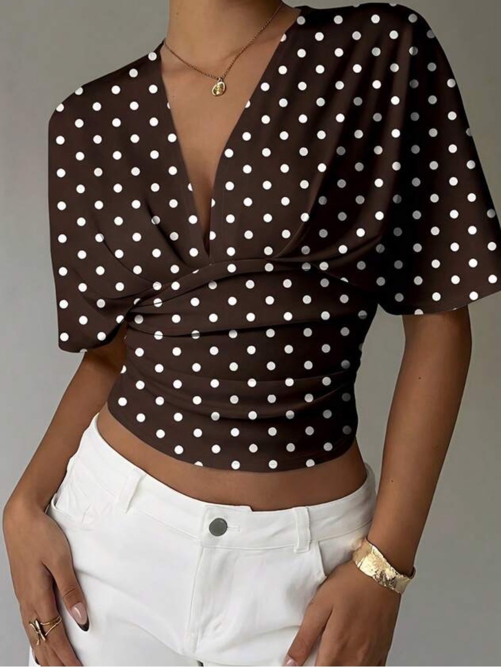 Polka Dot V-Neck Puff Sleeve Crop Top - Brown